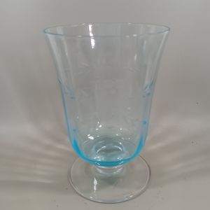 Ice Blue Etched Cut Floral Crystal Footed Vase Candle Holder